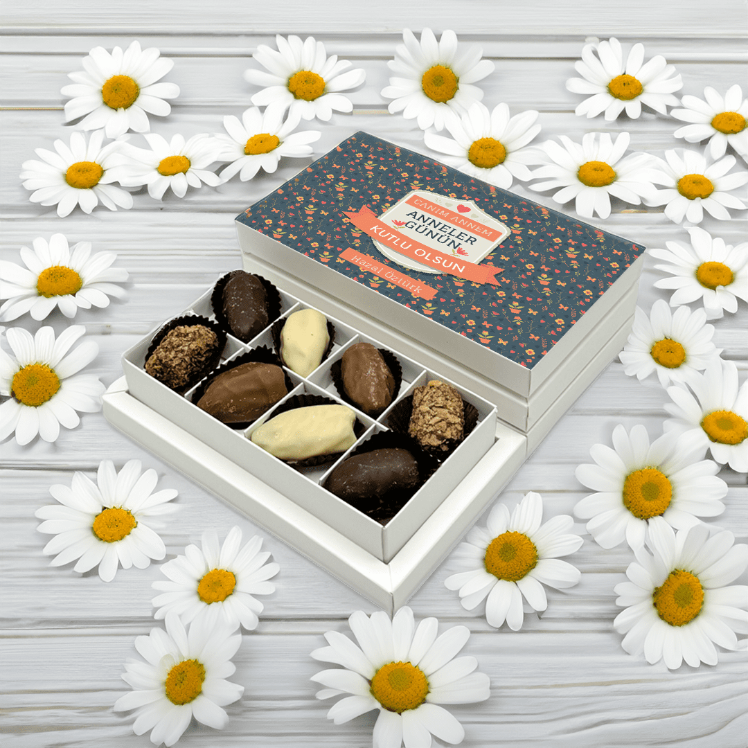 Anneler Günü Hediyesi İsim Baskılı Çikolatalı Hurma 8 Bölmeli Kutu
