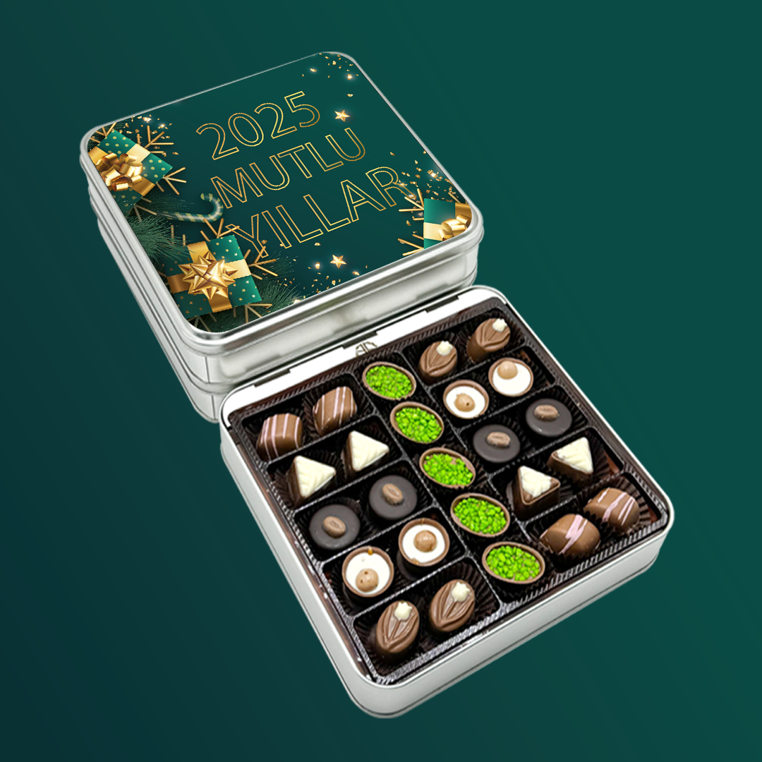 Yılbaşı Çikolataları Yeşil Desenli Special Çikolata Metal Kutu