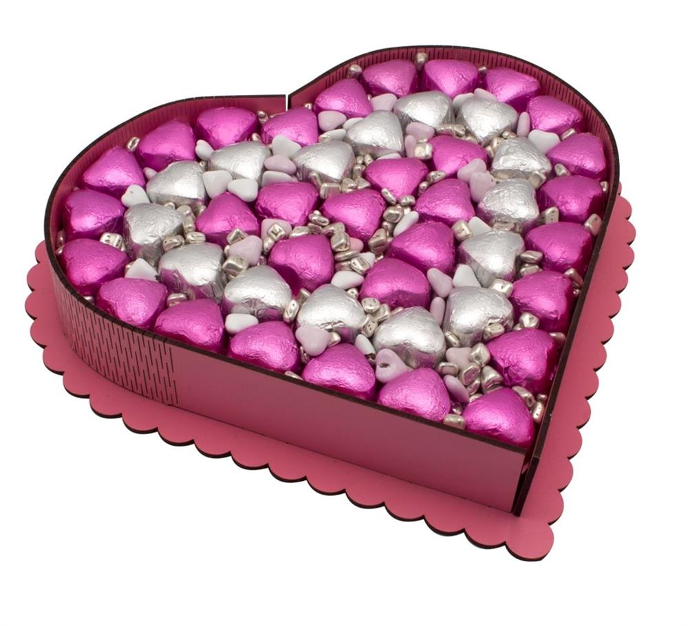 Ahşap Kutulu Hediyelik Çikolata, Kalpli, Pembe Yaldızlı Çikolata 1160gr