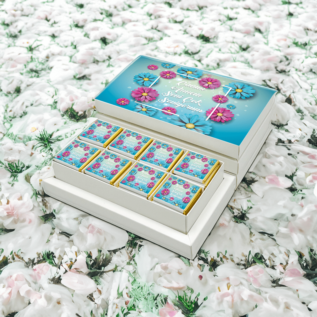 Anneler Günü Hediyesi Papatya Desenli 24 Adet Madlen Çikolata Kutusu 8 Bölmeli Kutu