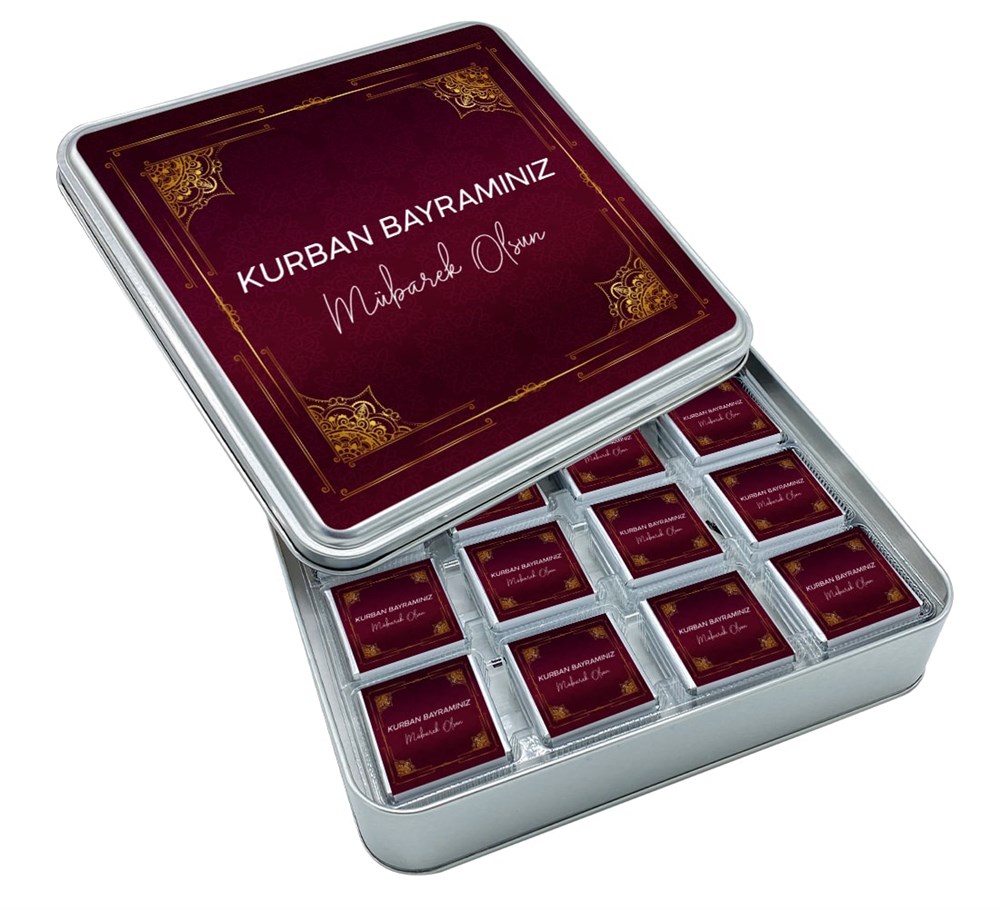 Bordo Avangard Desen Kurban Bayramı Madlen Çikolata Metal Kutu