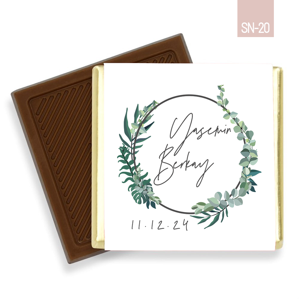 Yeşil Yaprak Yuvarlak Çerçeve Desenli Söz Nişan Çikolatası (60 Adet)