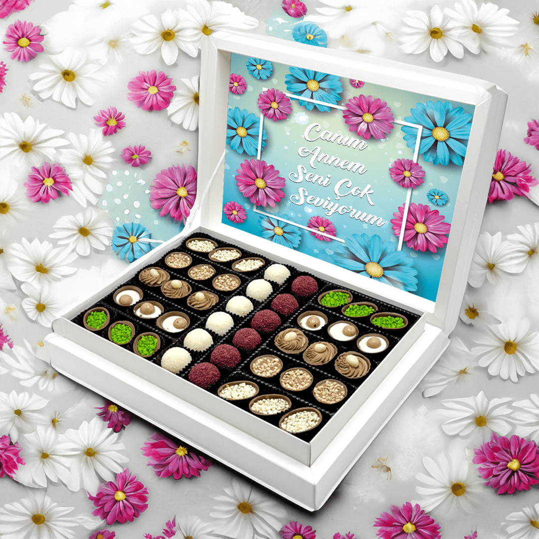 Anneler Günü Hediyesi Papatya Desenli El Yapımı Çikolata Büyük Sunum Kutu