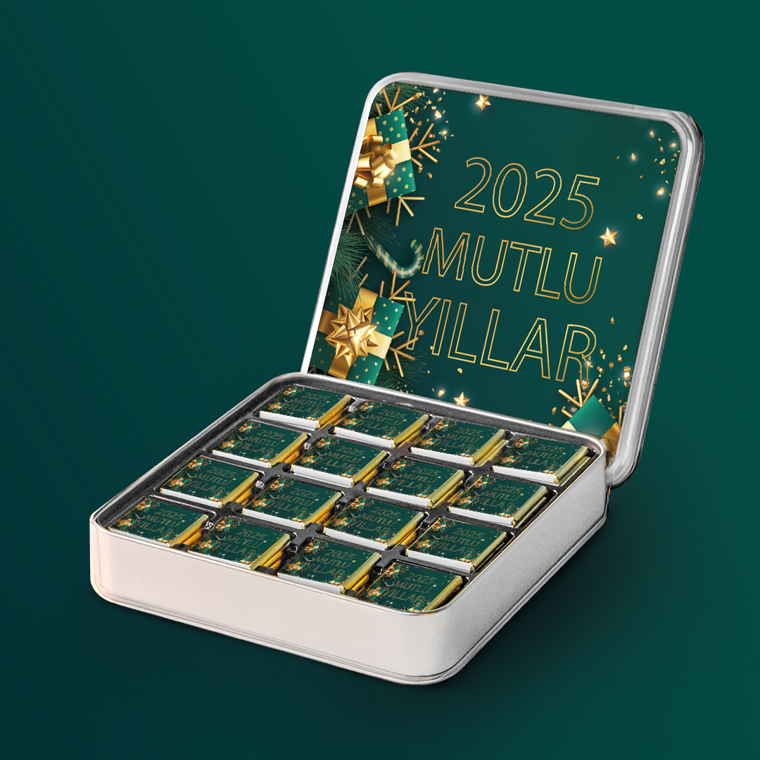 Yılbaşı Çikolataları Yeşil Desenli 48 Adet Madlen Çikolata Metal Kutu