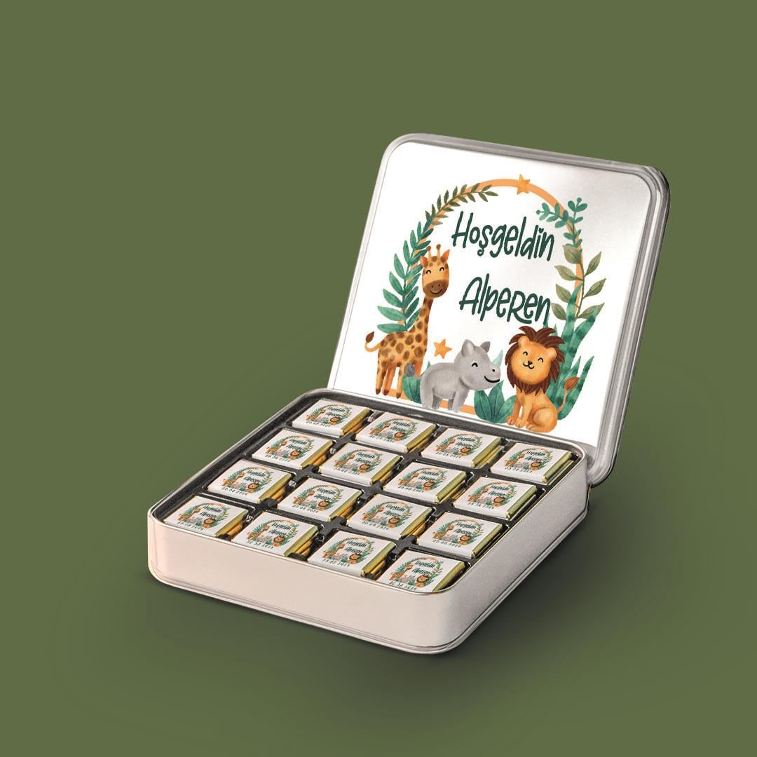 32 Adetli Safari Çerçeve Desenli Metal Kutu Madlen Çikolata	