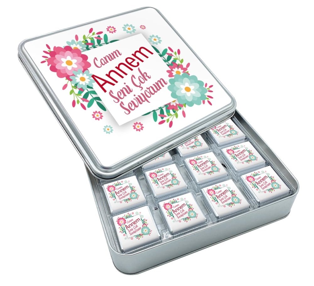 Çiçek Desenli Anneler Günü Çikolatası Madlen Metal Kutu