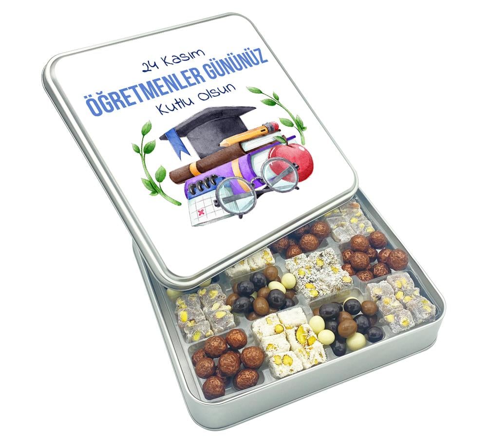 Defter Desenli Hediyelik Öğretmenler Günü Çifte Kavrulmuş Lokum ve Kahveli Draje Metal Kutulu
