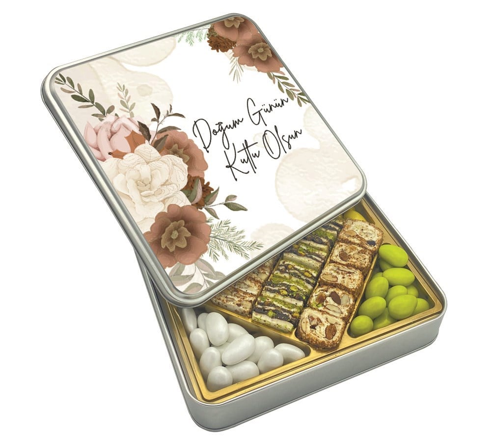 Doğum Günü Manolya Desenli Special Baklava Lokum & Draje Metal Kutulu