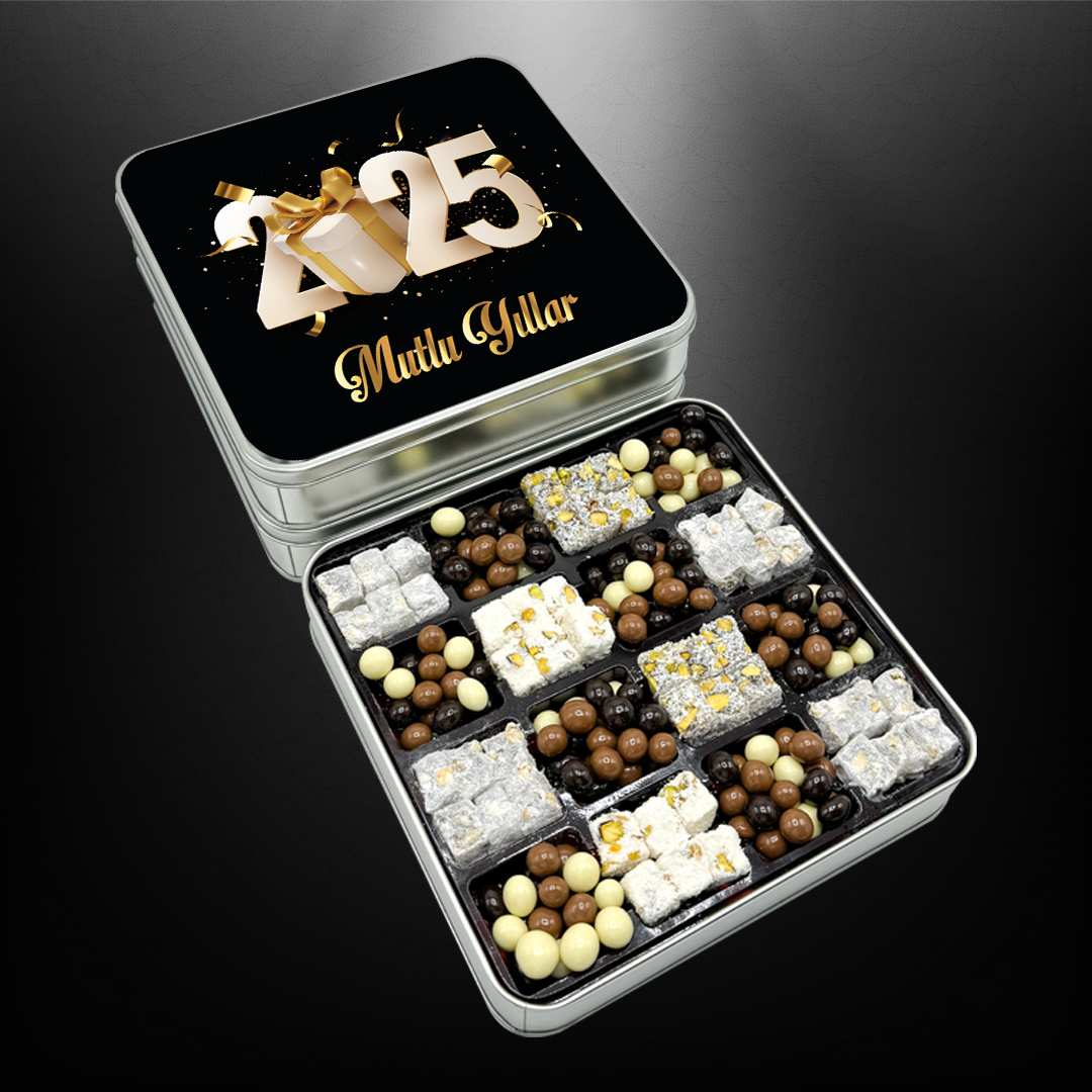 Yılbaşı Hediyeleri Siyah Desenli Çifte Kavrulmuş Lokum ve Kahveli Draje