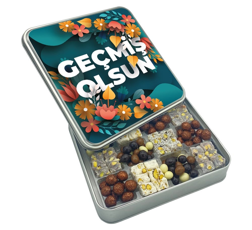 Geçmiş Olsun Çiçek Çifte Kavrulmuş Lokum ve Kahveli Draje Metal Kutulu