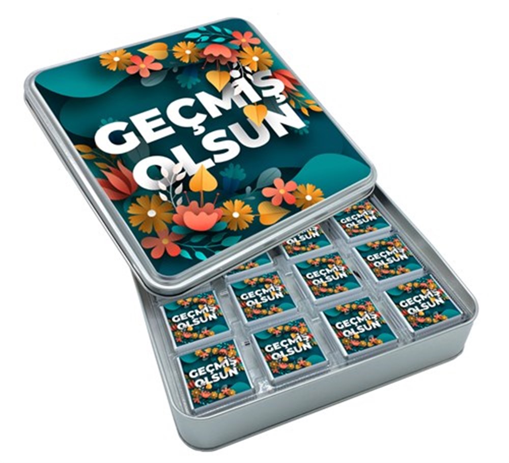 Geçmiş Olsun Çiçek Tasarımlı Madlen Çikolata 32 Adet Metal Kutu