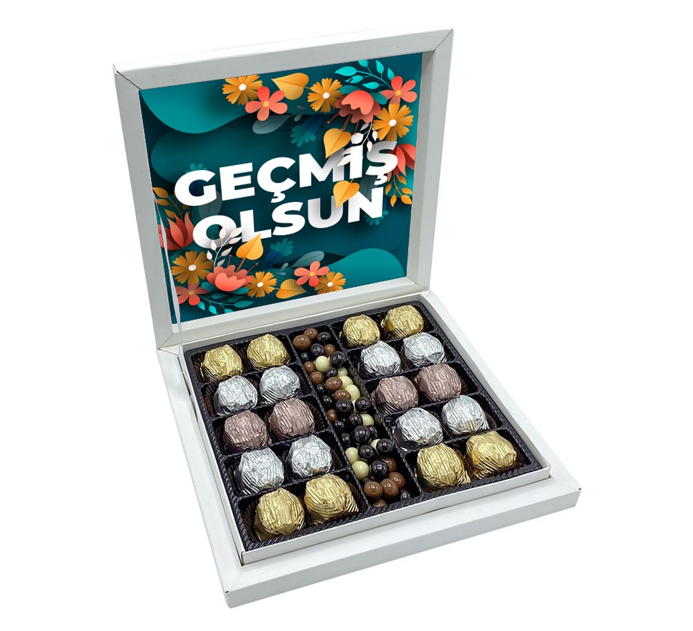 Geçmiş Olsun Çiçek Tasarımlı Sunum Kutulu Yaldızlı Çikolata & Draje