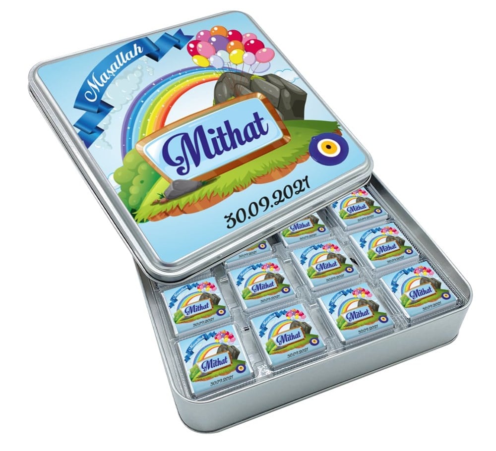 Gökkuşağı Desenli Sünnet Çikolatası Metal Kutu