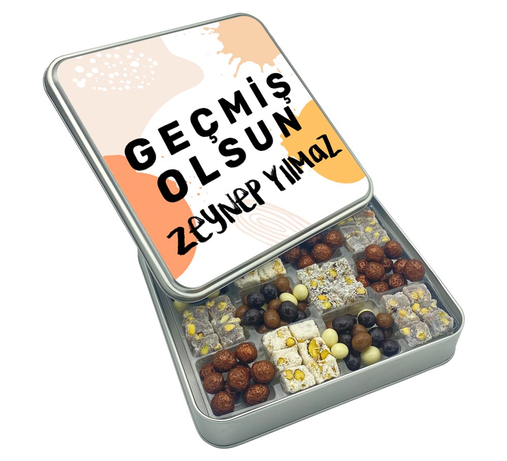 İsimli Geçmiş Olsun Tasarımlı Çifte Kavrulmuş Lokum ve Kahveli Draje Metal Kutulu