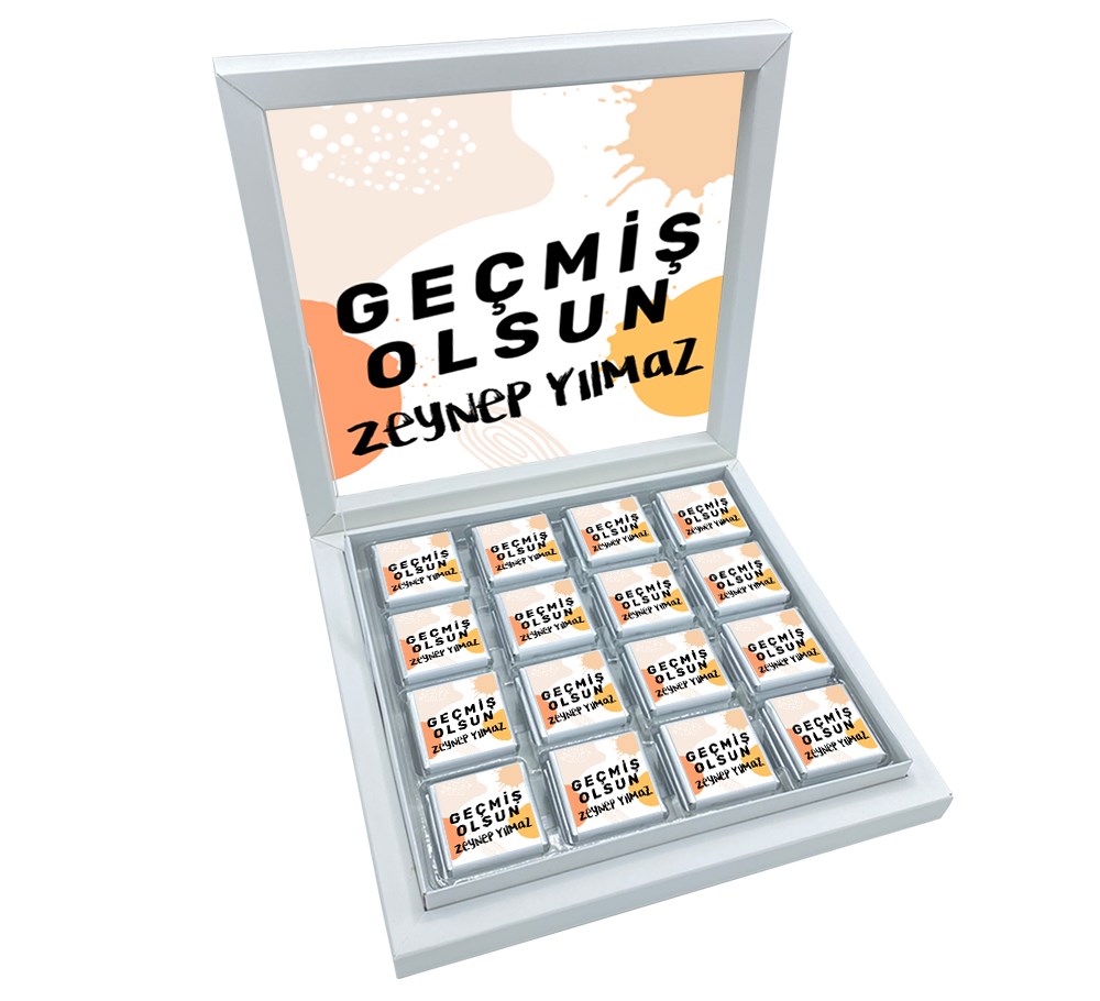 İsimli Geçmiş Olsun Tasarımlı Madlen Çikolata Sunum Kutulu (32 Adet)