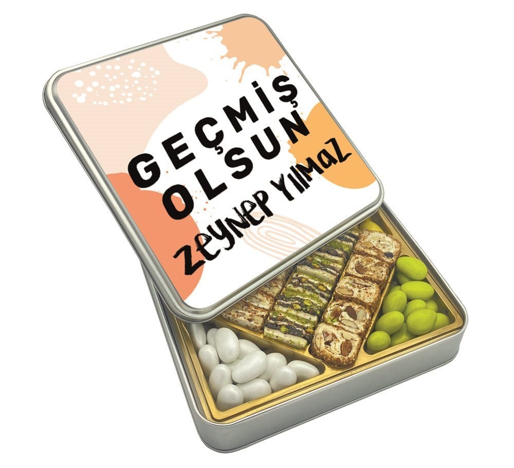 İsimli Geçmiş Olsun Tasarımlı Special Baklava Lokum & Draje Metal Kutulu