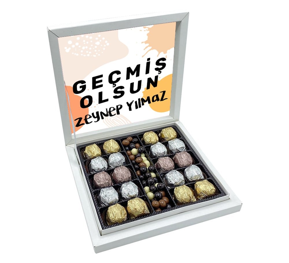 İsimli Geçmiş Olsun Tasarımlı Sunum Kutulu Yaldızlı Çikolata & Draje