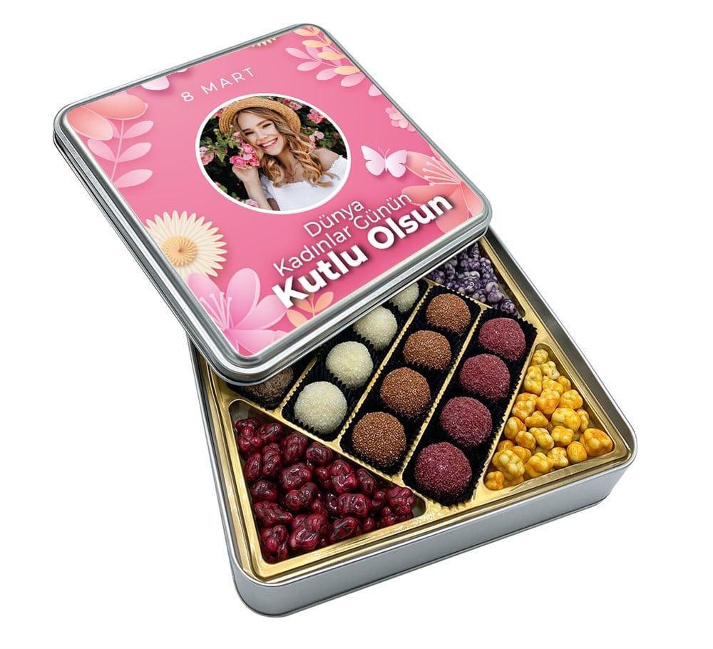 Kadınlar Günü Kelebek Desenli Çikolata + Draje Metal Kutu