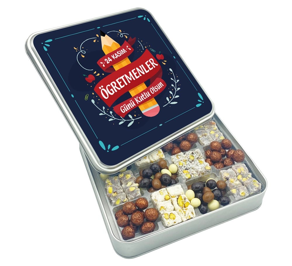 Kalem Desenli Hediyelik Öğretmenler Günü Çifte Kavrulmuş Lokum ve Kahveli Draje Metal Kutulu