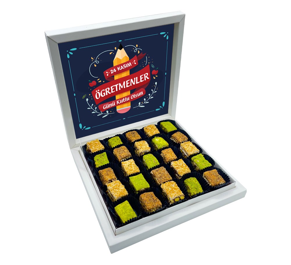 Kalem Desenli Öğretmenler Günü Hediyesi Baklava Lokum Sunum Kutulu