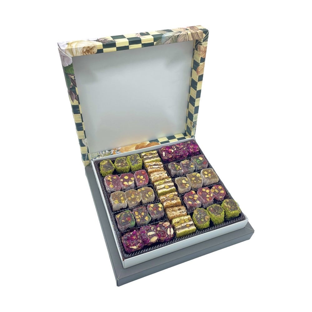 Karışık Şerit & Baklava Lokum Çiçekli Dama Kutu