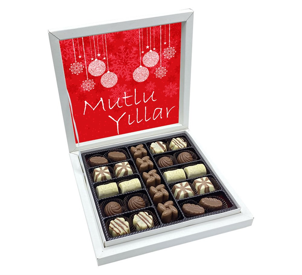 Kırmızı Süslemeli Hediyelik Yılbaşı Çikolata Paketleri Sunum Kutulu