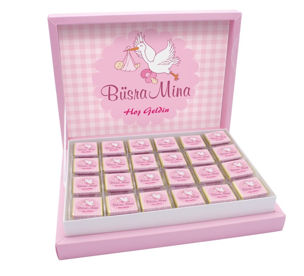 Leylek Desenli Kız Bebek Çikolatası Kutu 72 Adet