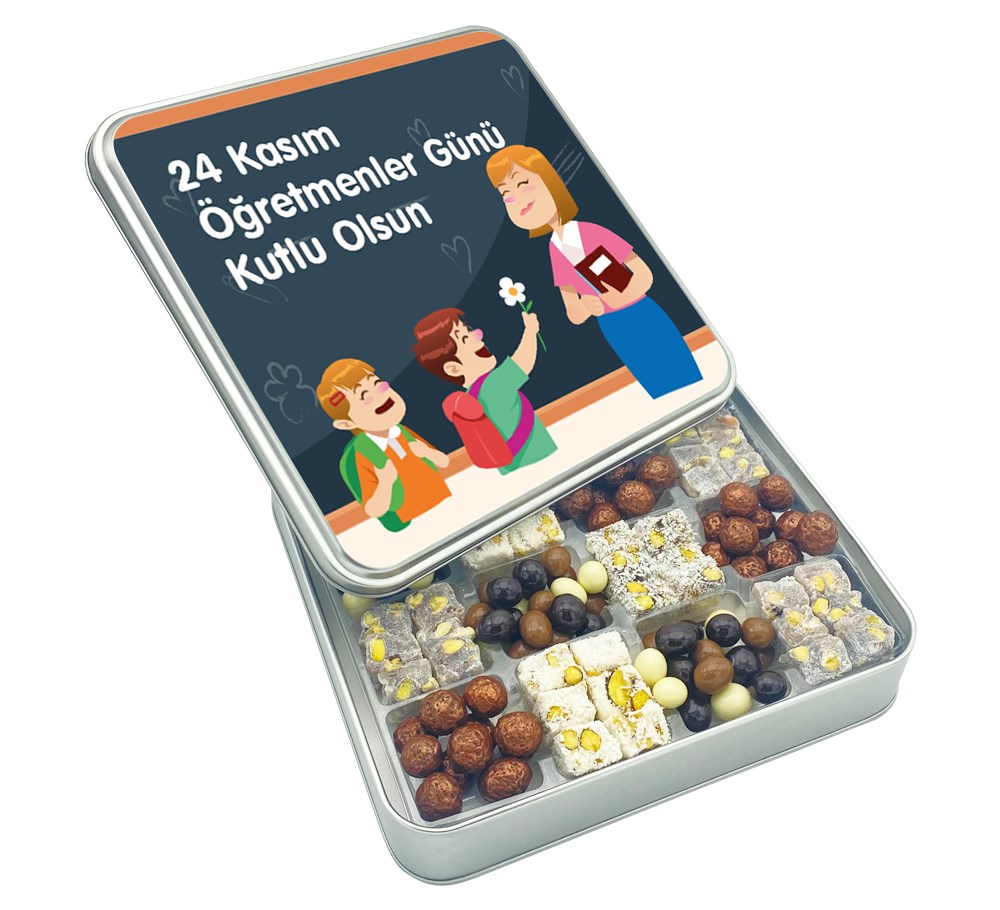 Özel Yazılı Hediyelik Öğretmenler Günü Çifte Kavrulmuş Lokum ve Kahveli Draje Metal Kutulu (Kadın)