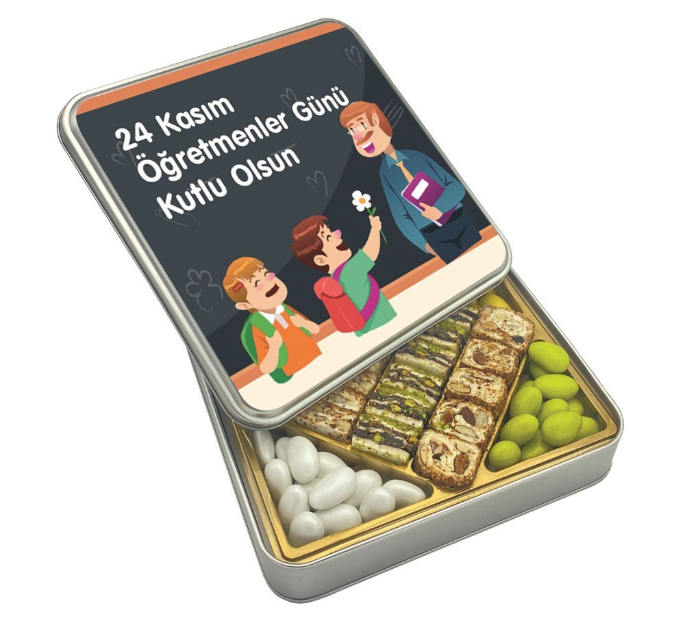 Özel Yazılı Hediyelik Öğretmenler Günü Special Baklava Lokum & Draje Metal Kutulu (Erkek)