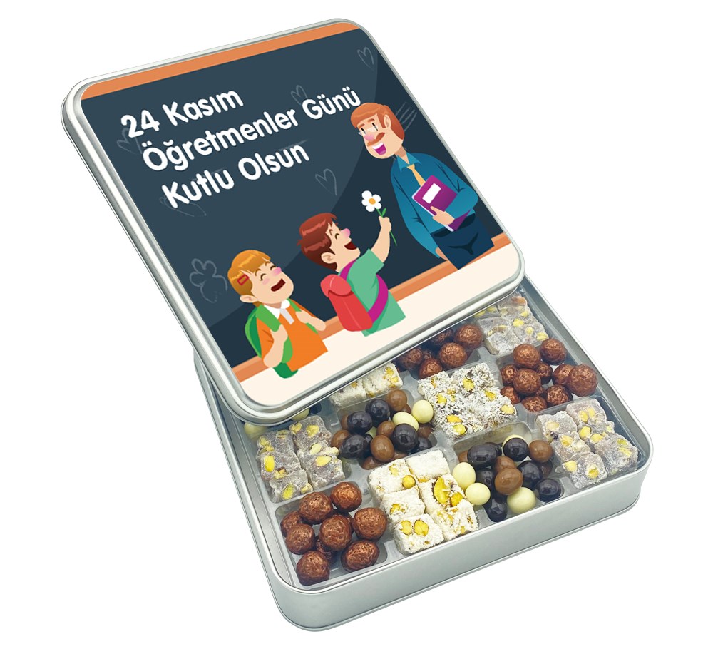 Özel Yazılı Hediyelik Öğretmenler Günü Çifte Kavrulmuş Lokum ve Kahveli Draje Metal Kutulu (Erkek)