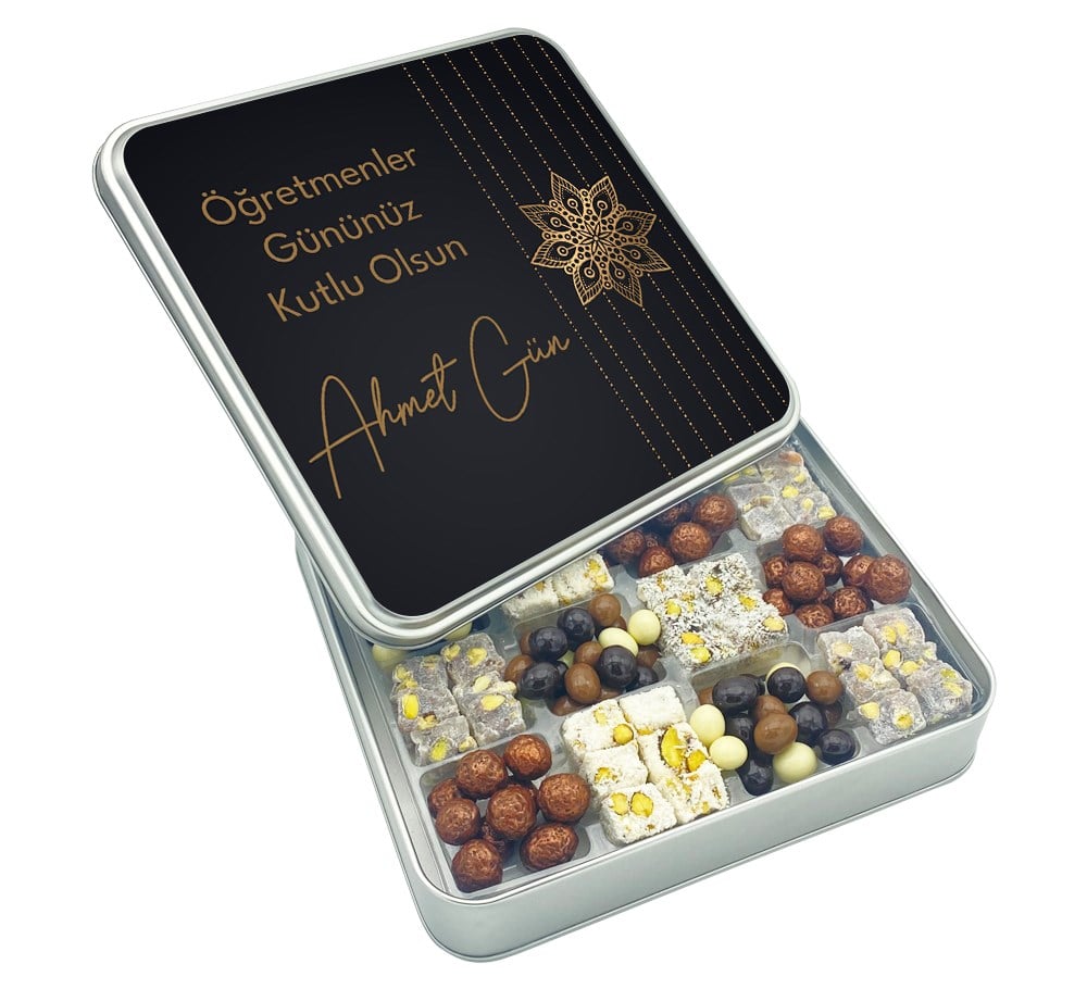 Premium Konsept Öğretmenler Günü Hediyesi Çifte Kavrulmuş Lokum ve Kahveli Draje Metal Kutulu