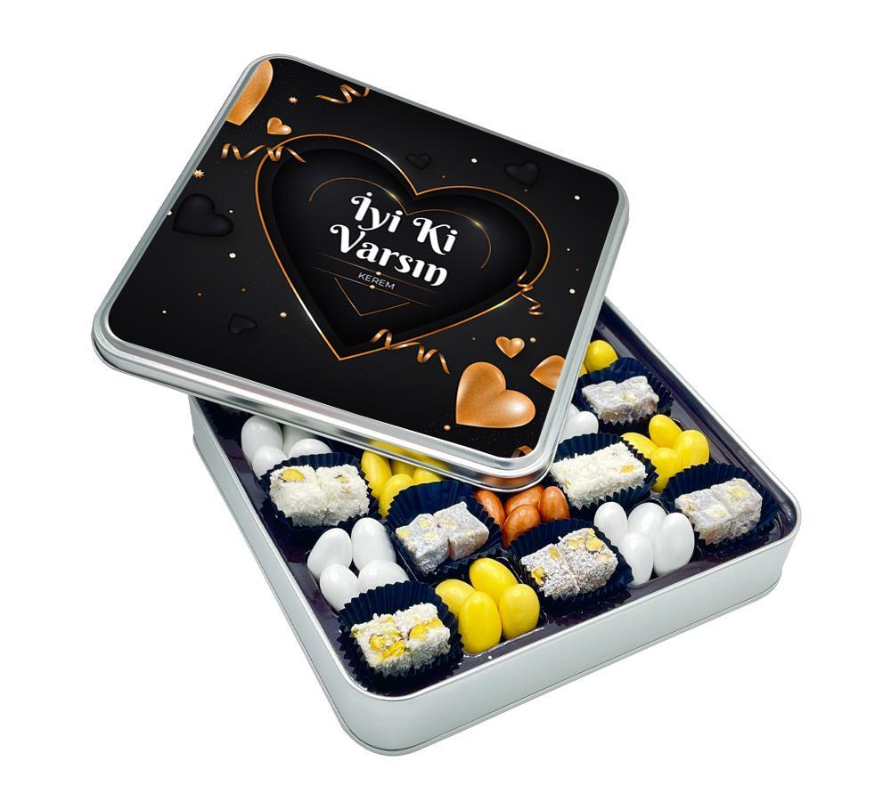 Sevgililer Günü Hediyesi Altın Kalpli Çifte Kavrulmuş Lokum + Draje