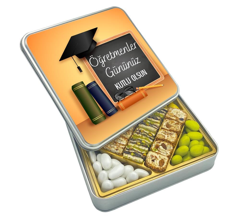 Tahta Desenli Hediyelik Öğretmenler Günü Special Baklava Lokum & Draje Metal Kutulu