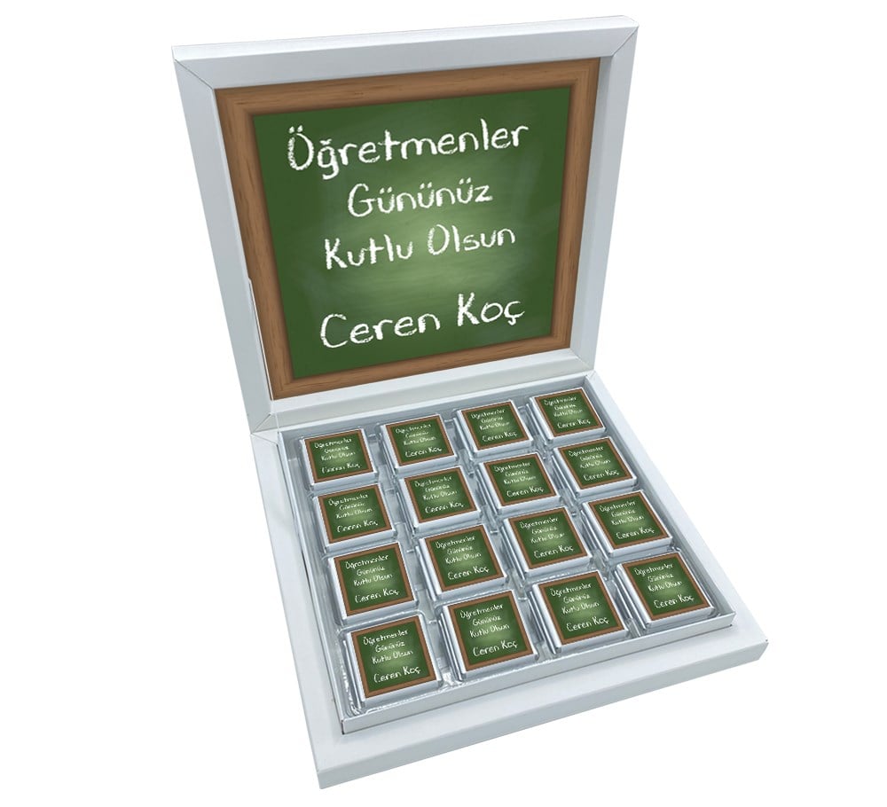 Tebeşir Desenli Öğretmenler Günü Hediyesi Madlen Çikolata Sunum Kutulu (32 Adet)