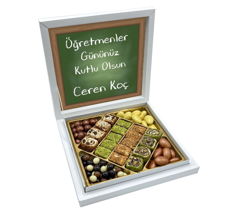 Tebeşir Desenli Öğretmenler Günü Hediyesi Şerit Lokum & Draje Sunum Kutulu