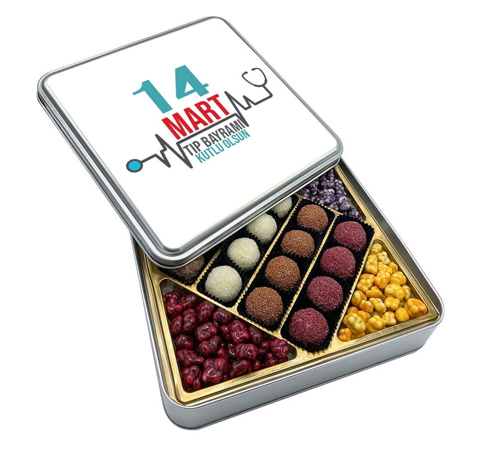 Tıp Bayramı Hediyesi Truf Çikolata + Draje Metal Kutu