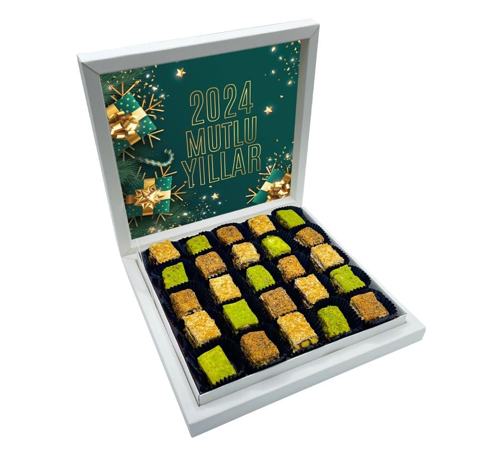 Yılbaşı Hediyeleri Yeşil Desenli  Baklava Lokum Sunum Kutulu