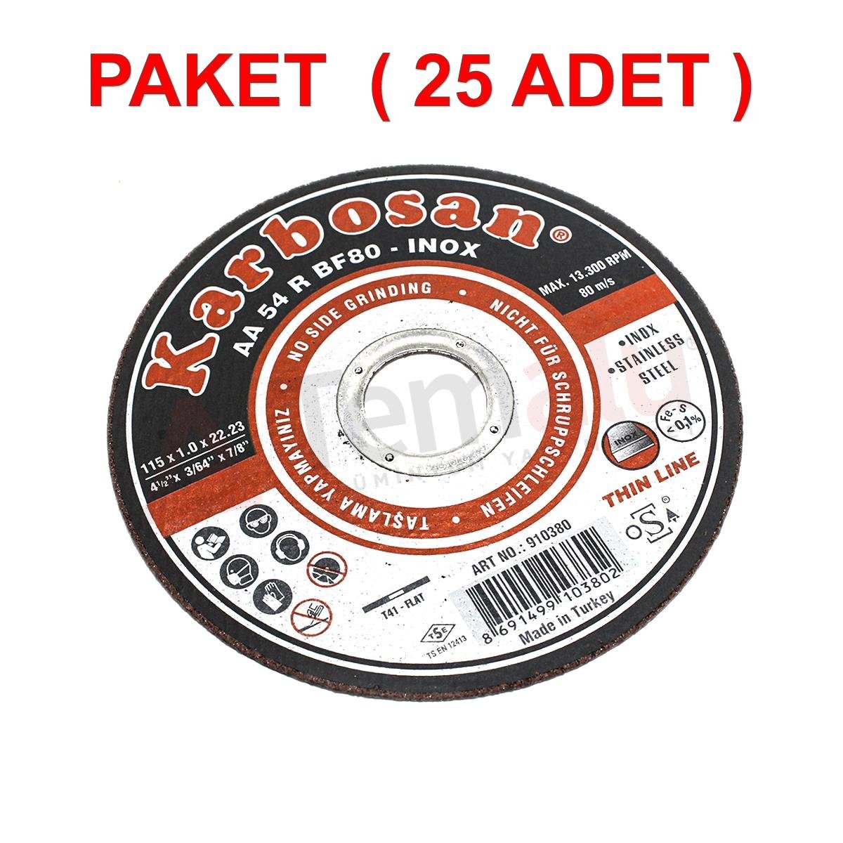 KARBOSAN İnoks Kesme Taşı 115*1.00*22.23 ( 25 ADET ) Kesme Diski Karbosan