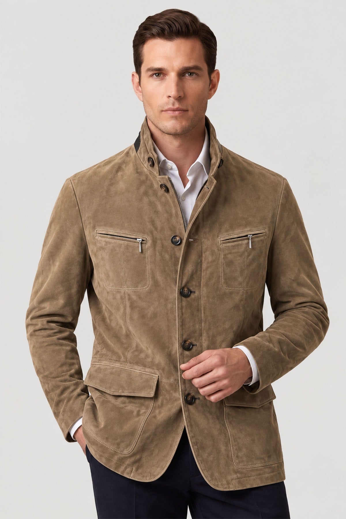 Bej Felix Erkek Astarlı Slim Fit Dar kesim Fermuarlı ve Düğmeli Blazer Hakiki Süet Ceket