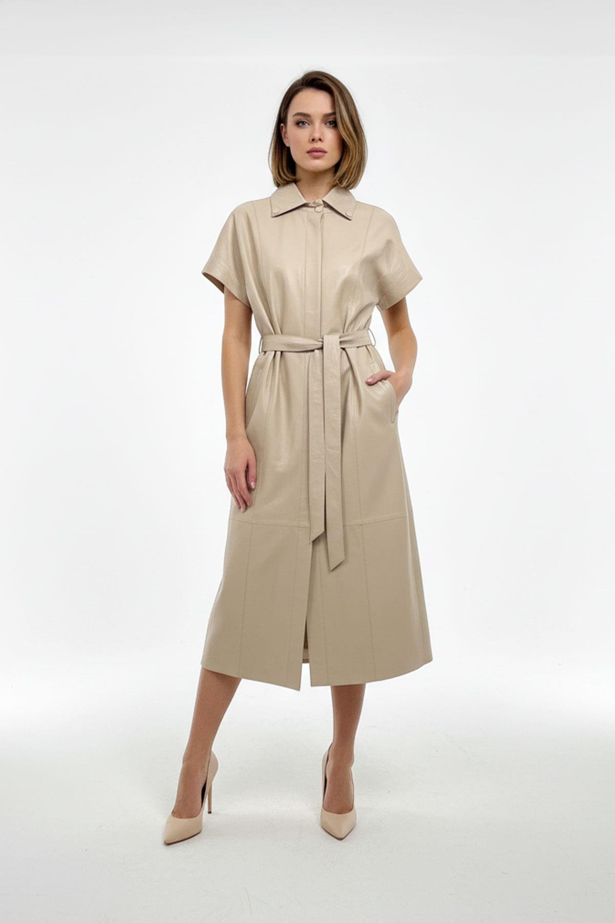 Bej Hakiki Deri Kuşaklı Uzun Yelek