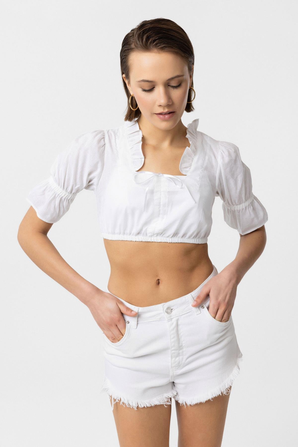 Beyaz Kare Yaka Fırfırlı Pamuklu Büstiyer