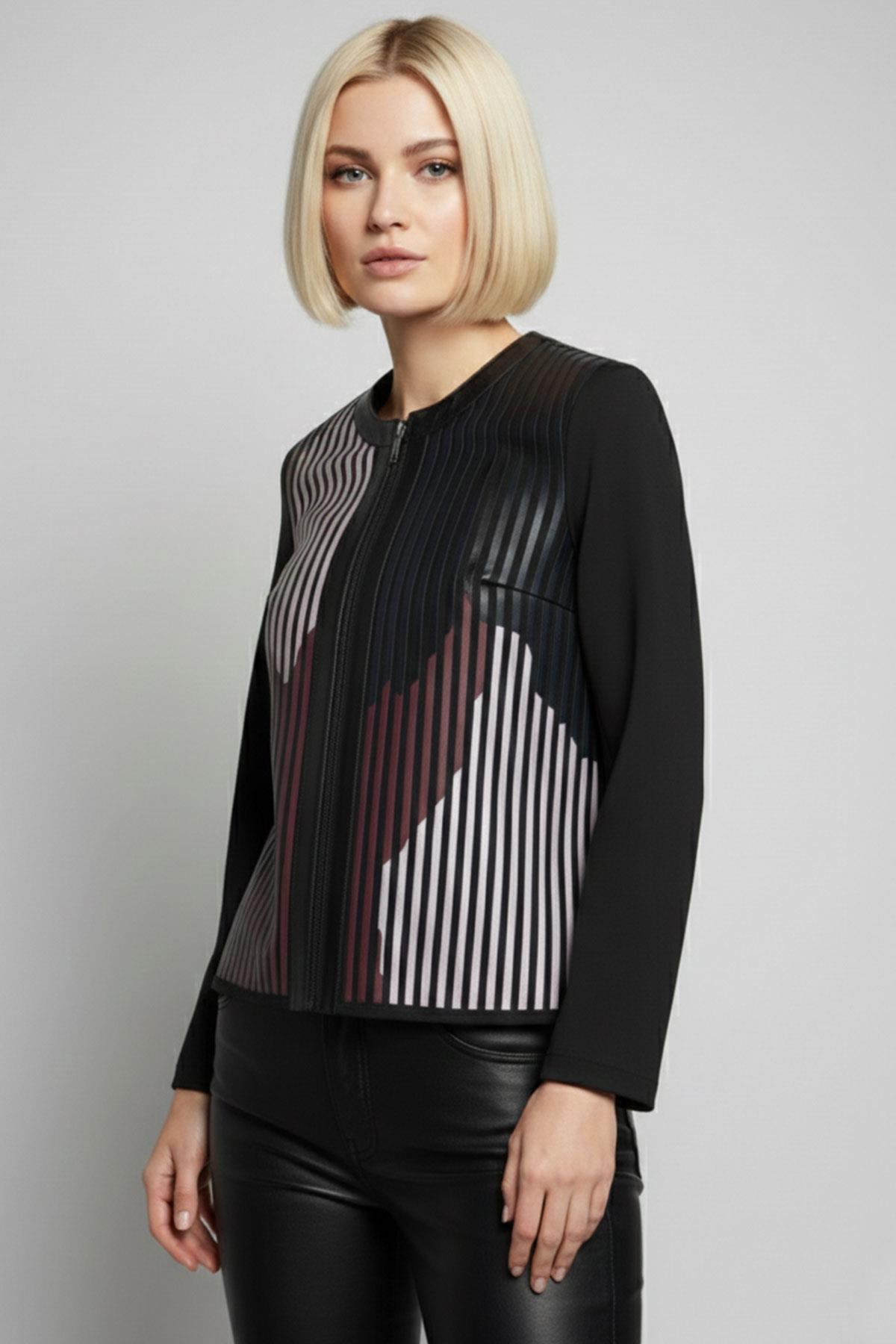 Bordo Beyaz Siyah Lona Tül Üzerine Çizgili Deri Baskılı Kadın Hakiki Deri Ceket