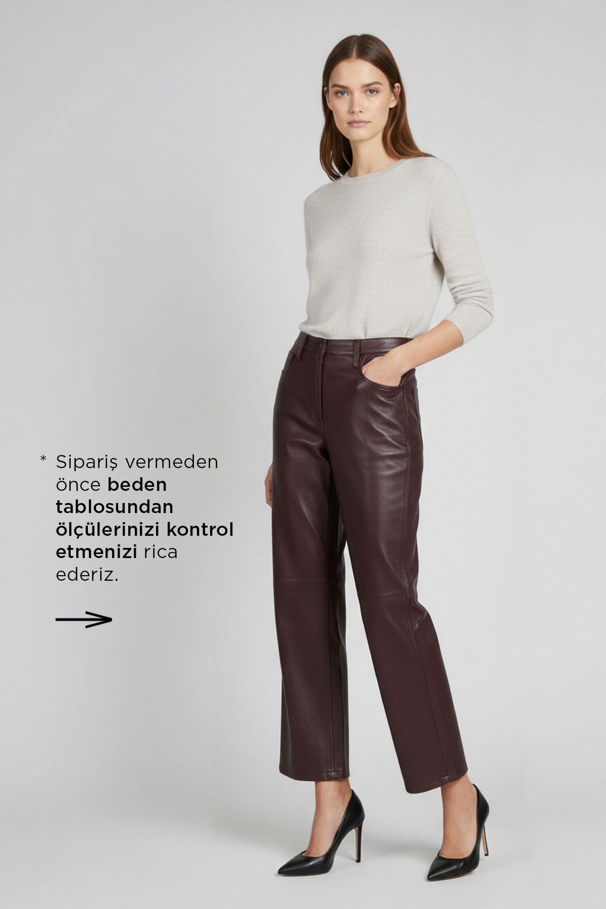 Bordo Nora Hakiki Deri Geniş Paça Kadın Pantolon