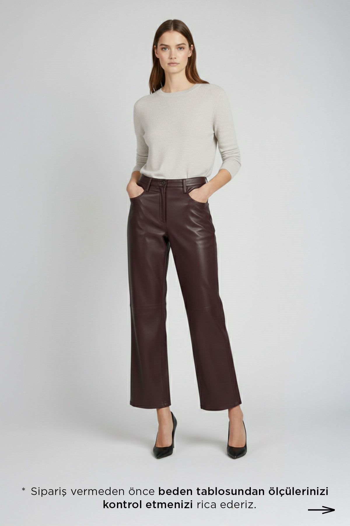 Bordo Nora Hakiki Deri Geniş Paça Kadın Pantolon