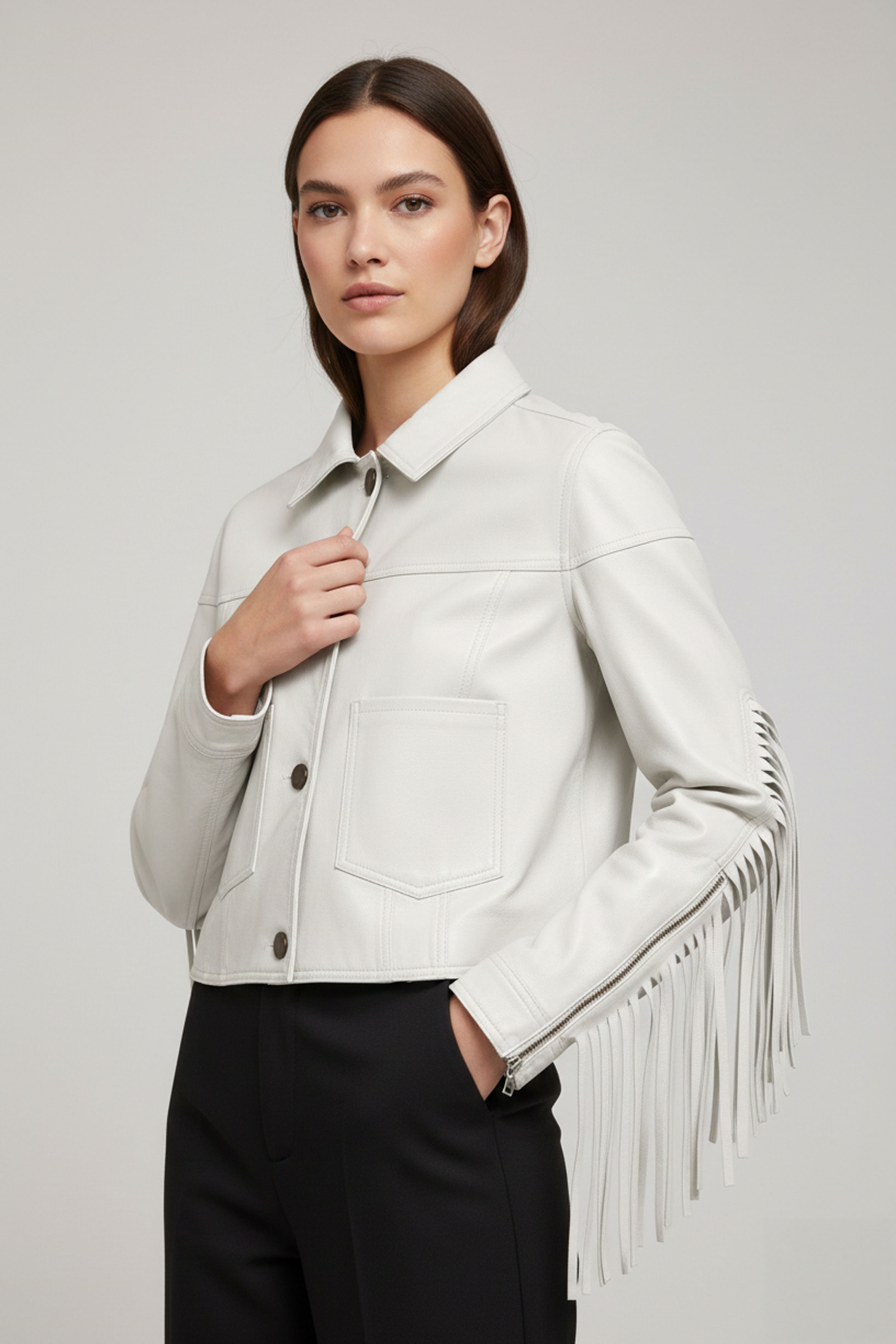 Hakiki Deri Püsküllü Kadın Ceket Beyaz Western Chic