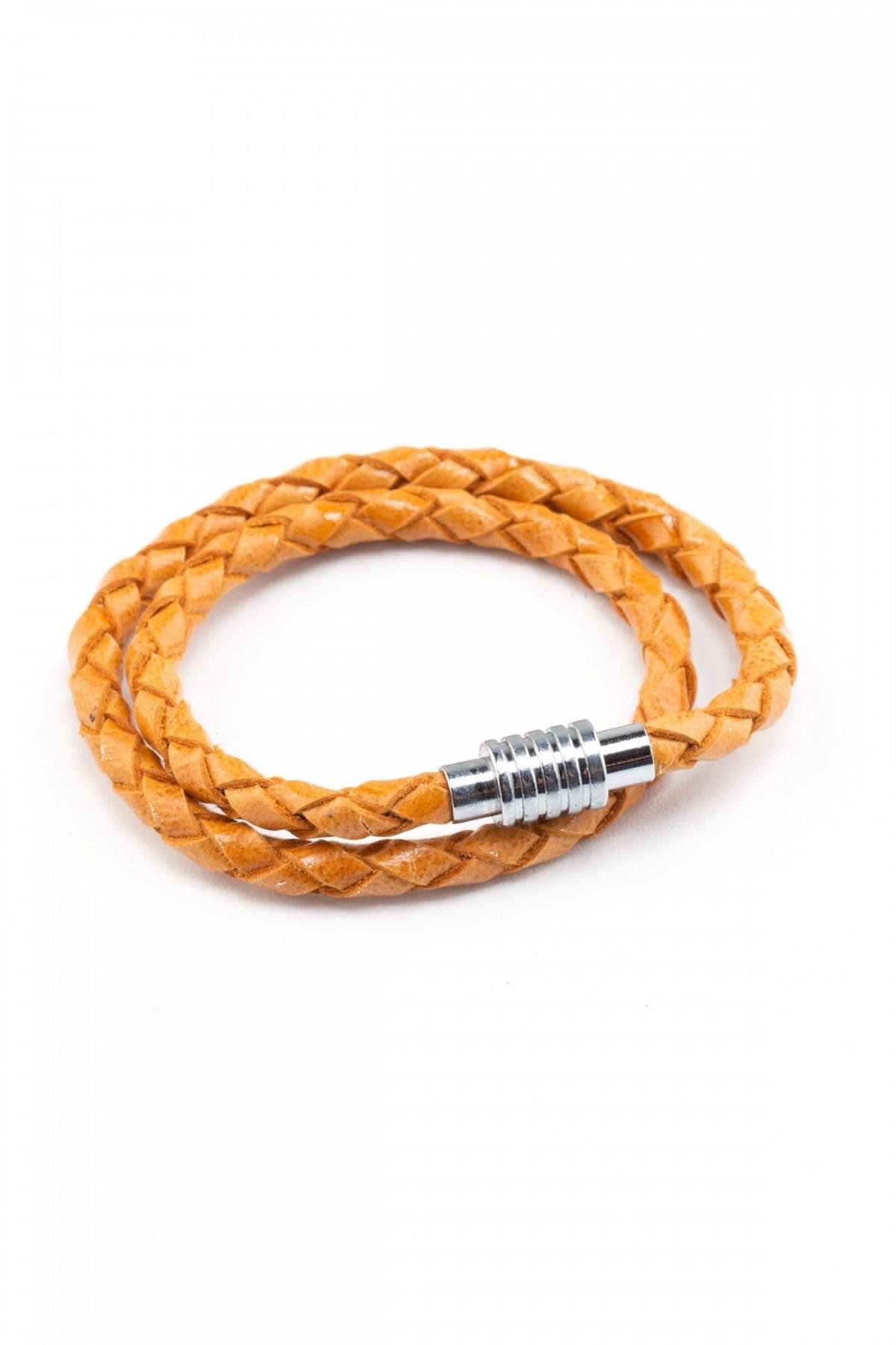 Hardal Hakiki Deri Mıknatıs Kapamalı Örgü Bileklik