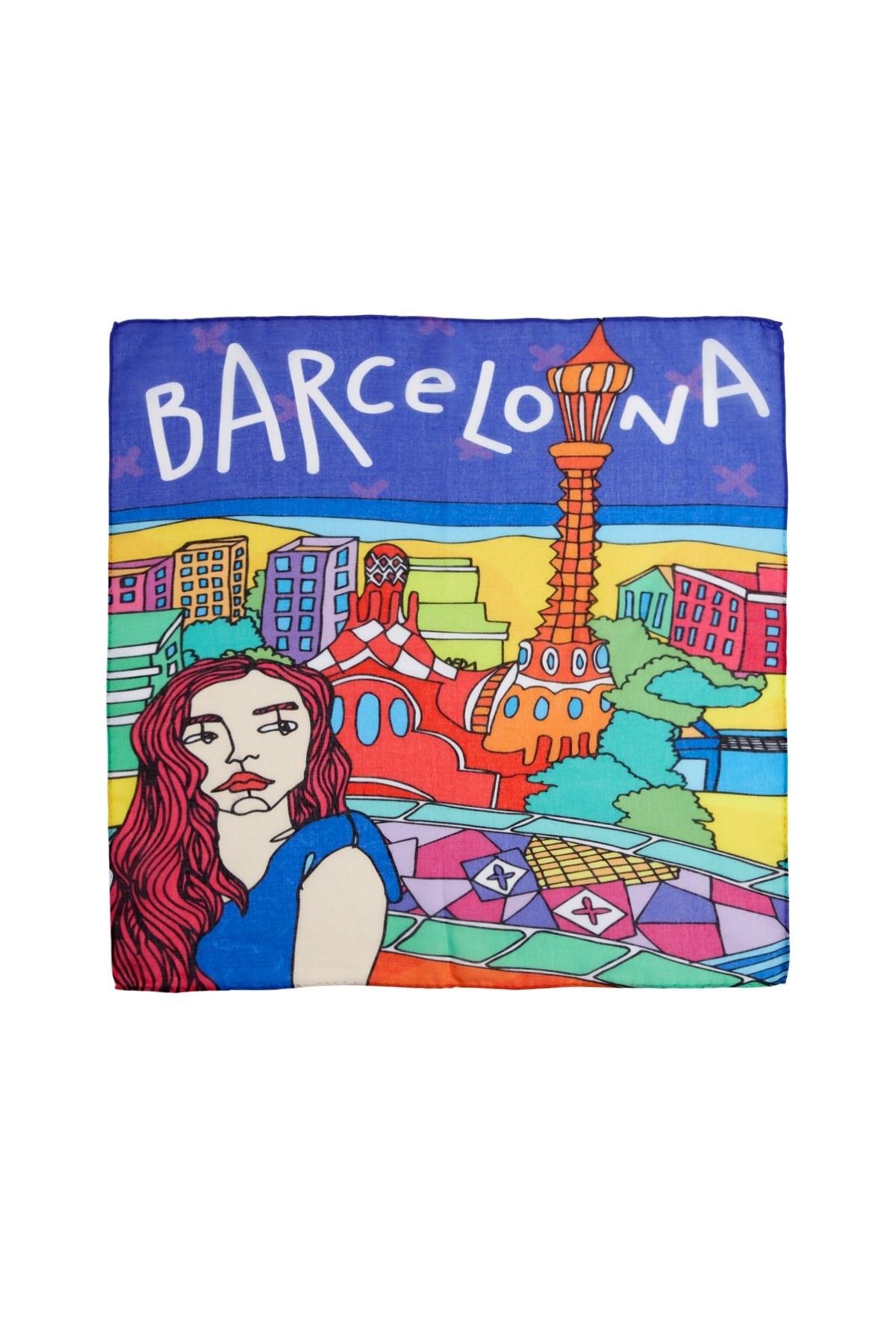 İkigai City Serisi Barcelona Özel Tasarım El Çizim Renkli Çok Fonksiyonlu Renkli Kare 45X45 Bandana