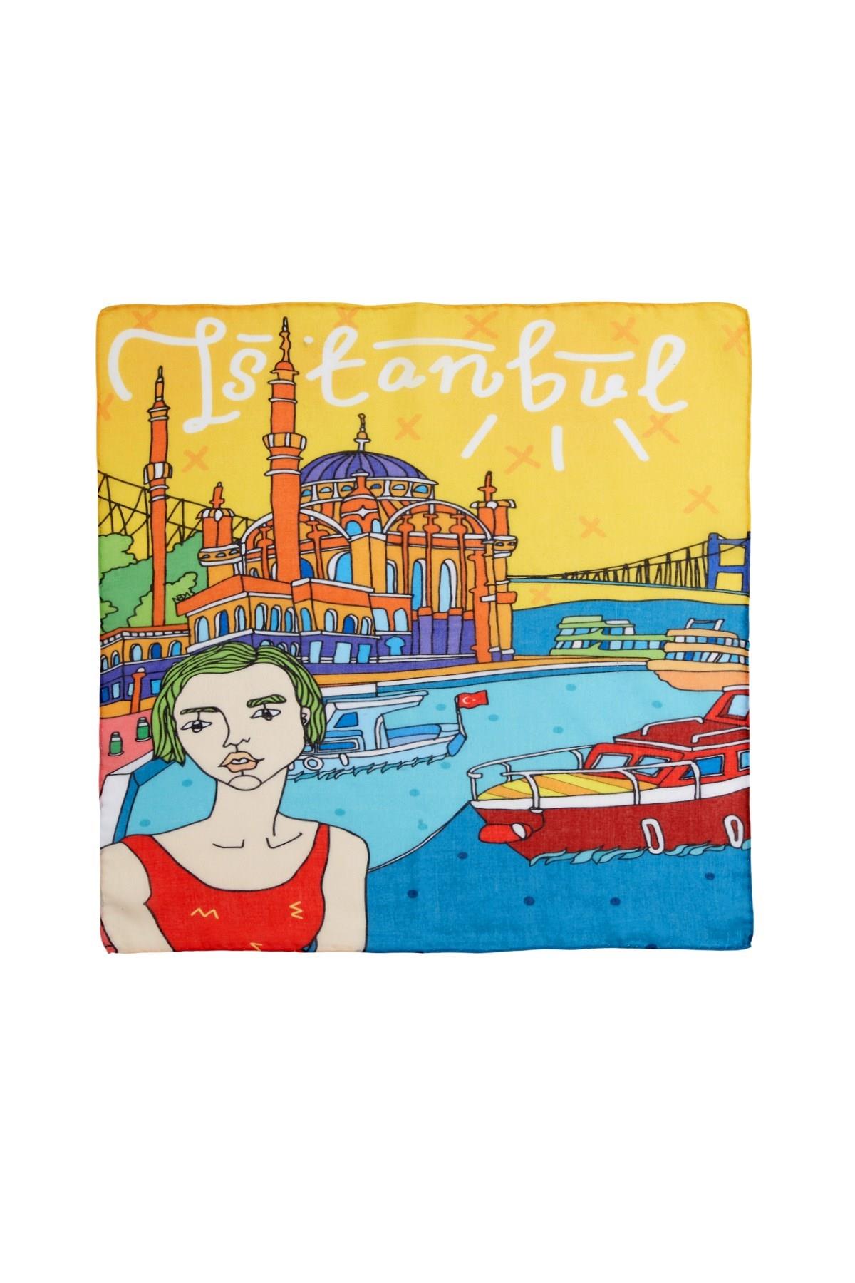 İkigai City Serisi İstanbul Özel Tasarım El Çizim Renkli Çok Fonksiyonlu Renkli Kare 45X45 Bandana