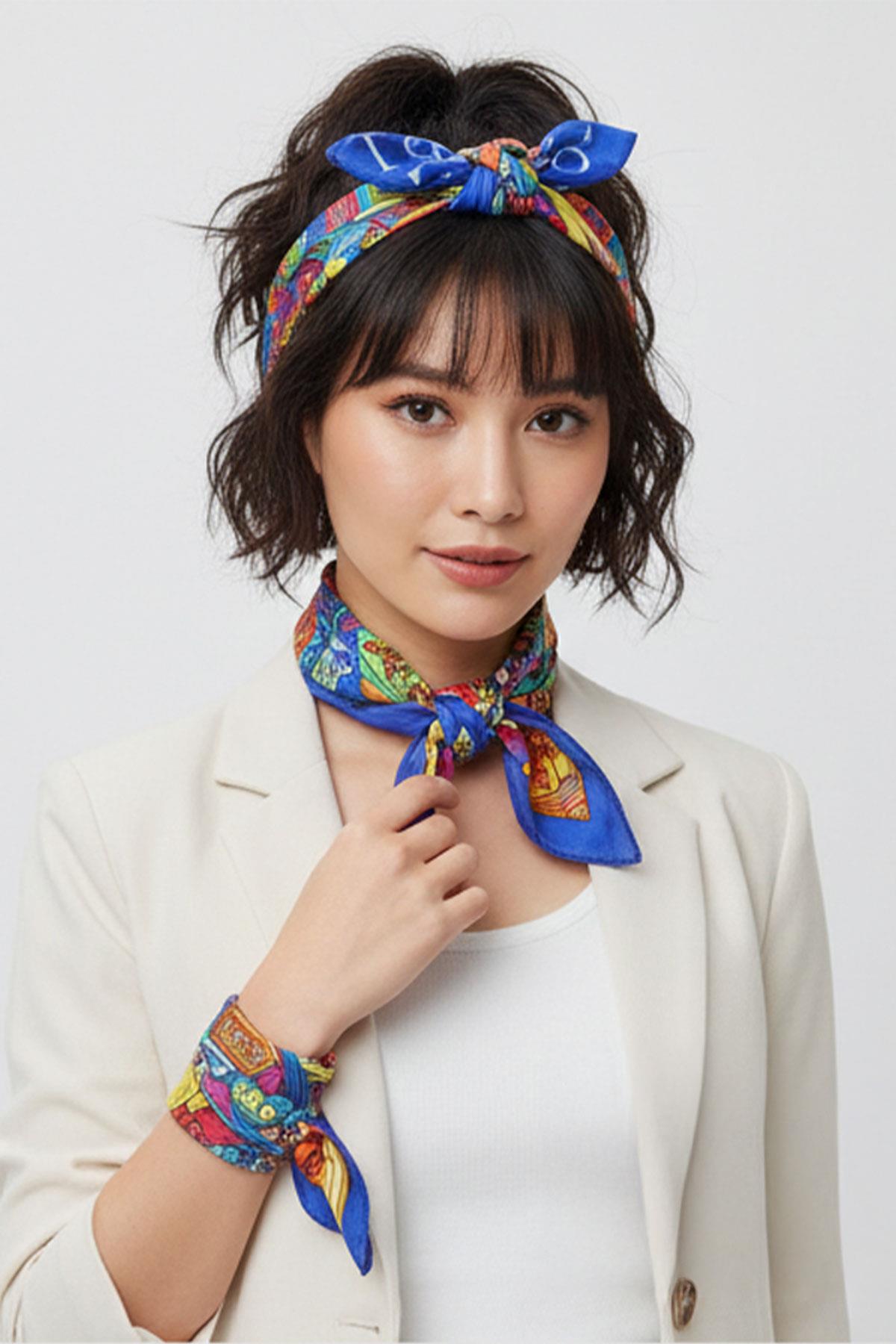 İkigai City Serisi Tokyo Özel Tasarım El Çizim Renkli Çok Fonksiyonlu Renkli Kare 45X45 Bandana