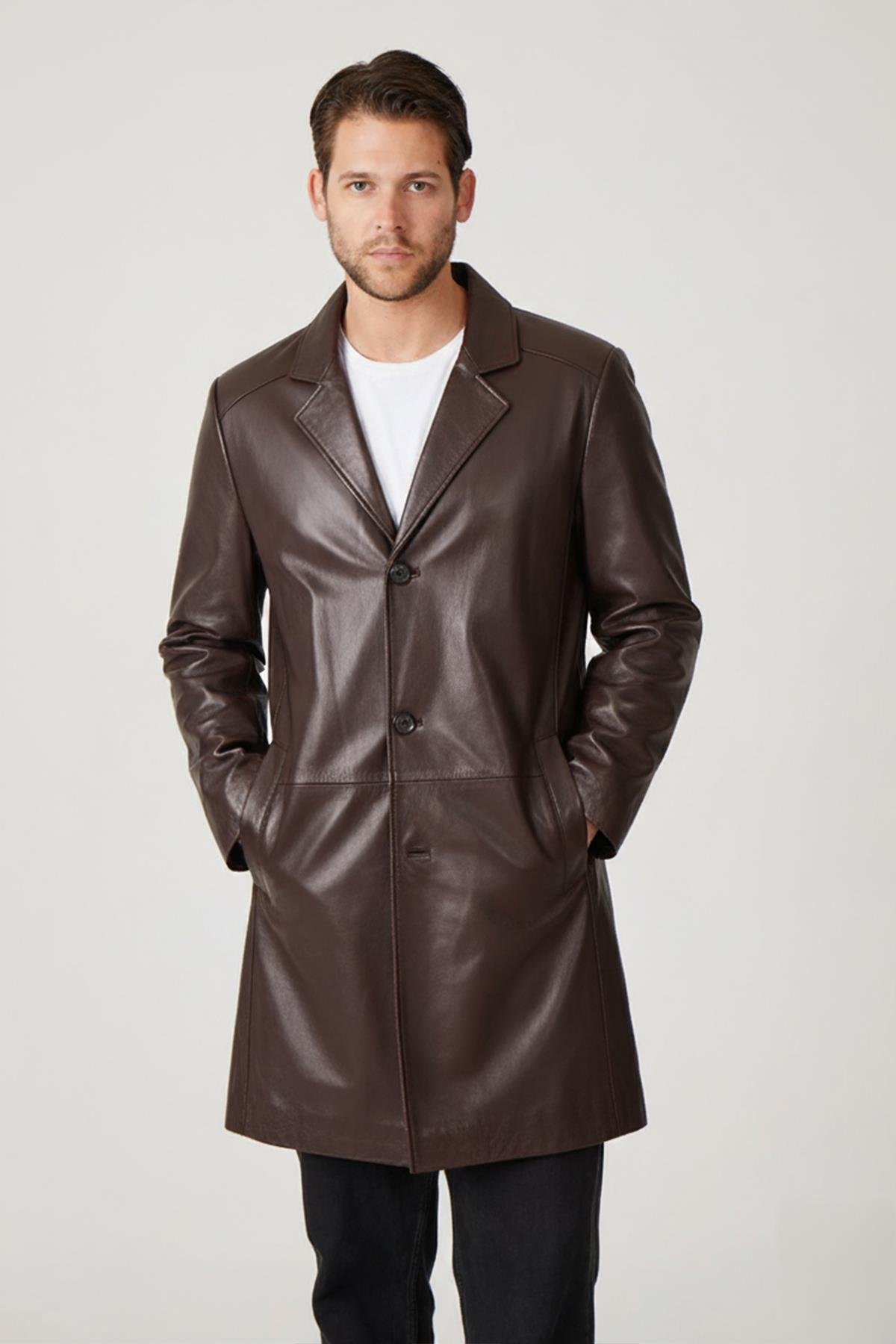 Kahve Tarkan Düğmeli Astarlı Trençkot Erkek Hakiki Deri Kaban
